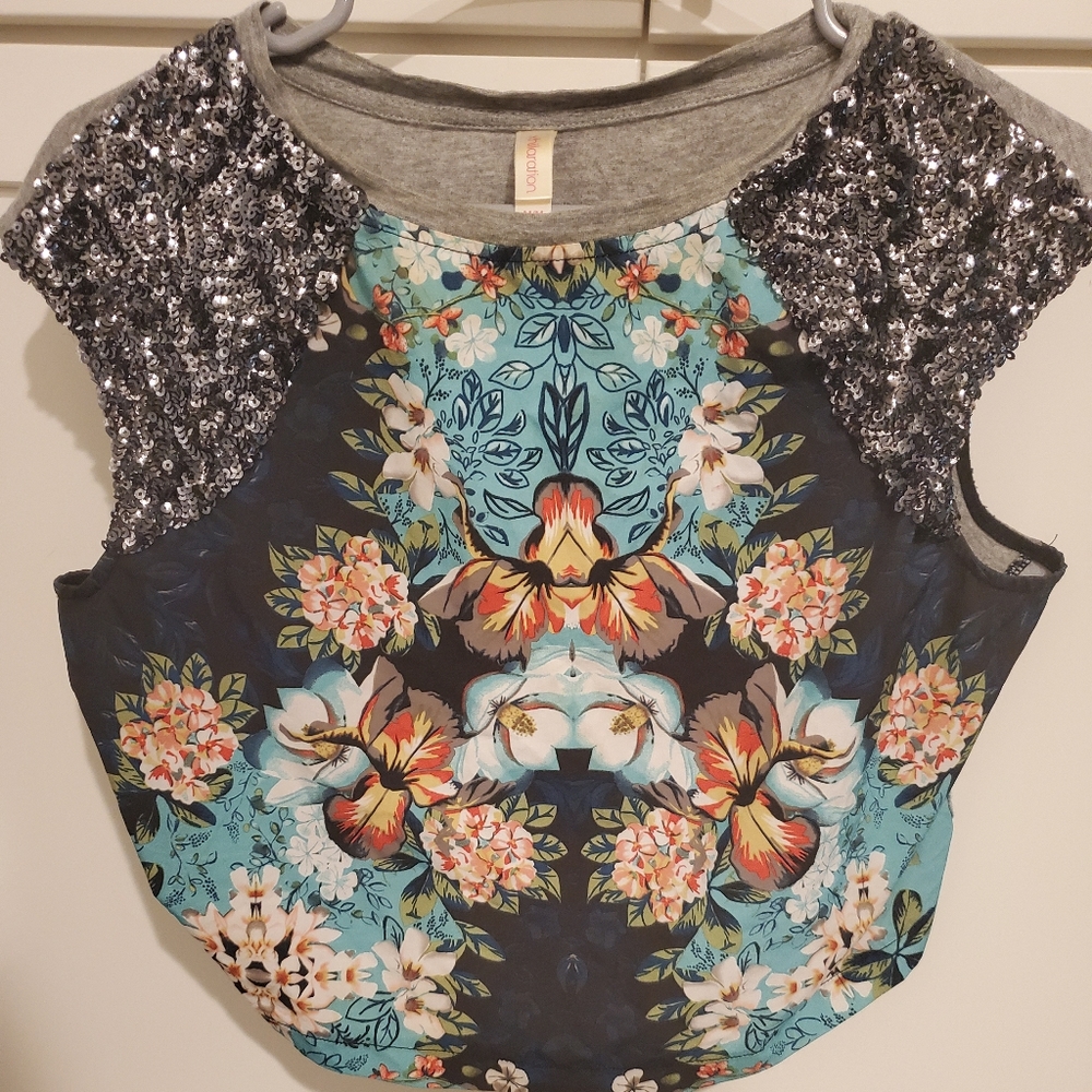 Bright Floral Boho Crop with Sequin Shoulders